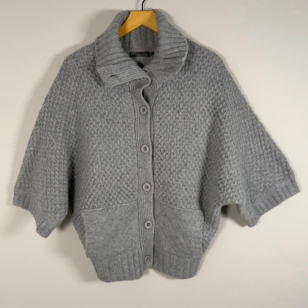 Prana Wool Blend Chunky Cable Knit Button Up Down Cardigan Sweater‎ Gray Large